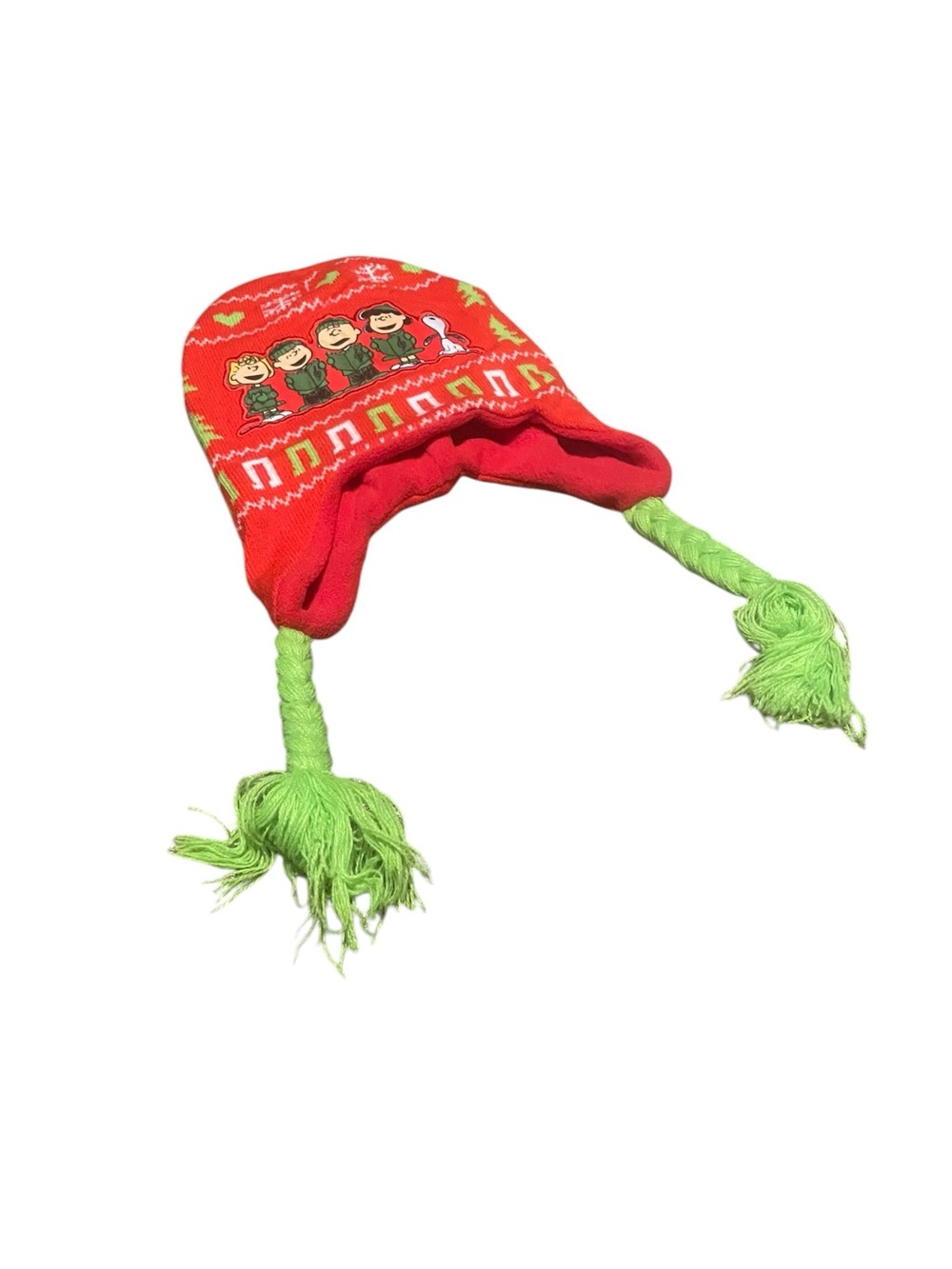 Peanuts kids sz medium Red Cartoon Knit Earflap Hat with Lime Tassels